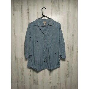 Chico's Womens Size 2 Blue Button Up Shirt With Embroidered Hearts
